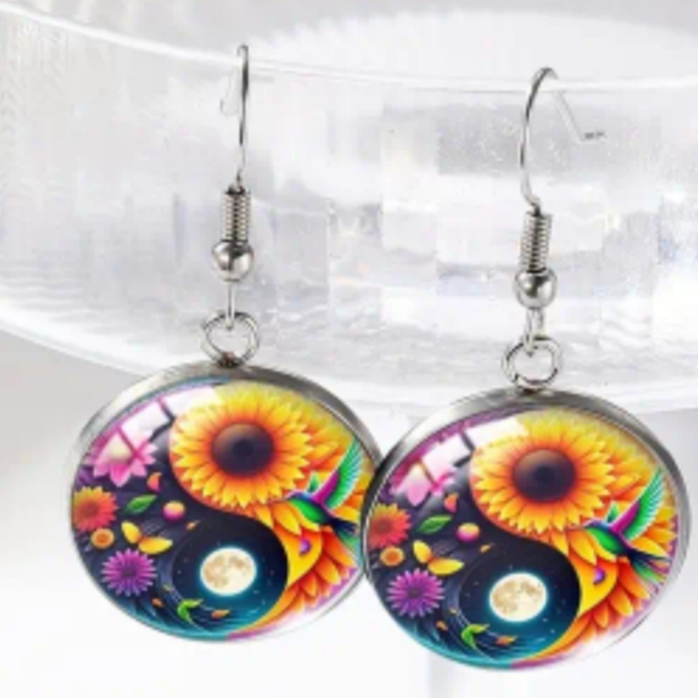 Y2K Silver Colorful Yin Yang Sunflower‎ Summer Gift Earrings (#086)